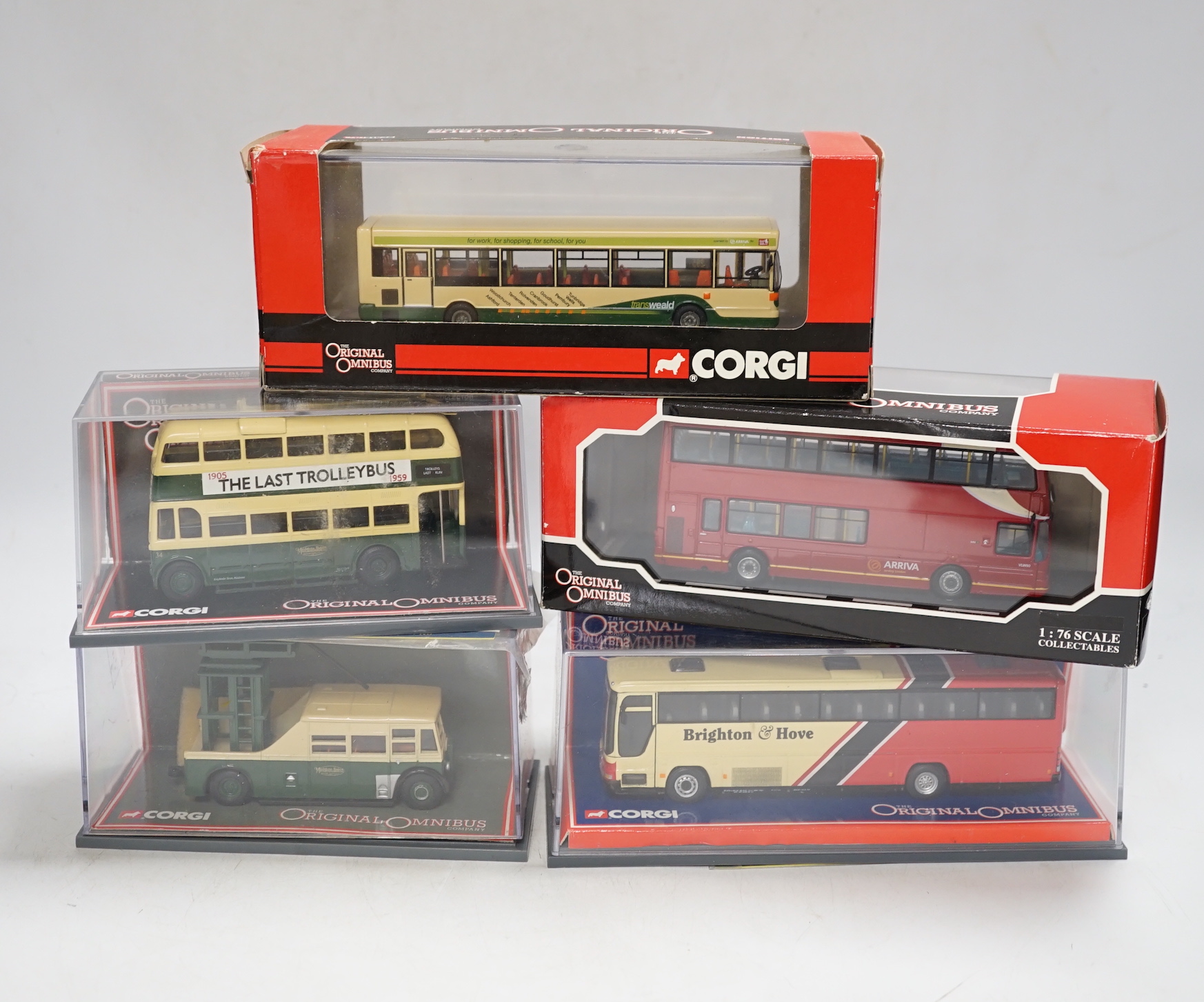 Thirty boxed 1:76 scale buses and coaches by Corgi OOC, Creative Master and Britbus, operators include Brighton & Hove, London Transport, Maidstone & District, East Kent, etc.